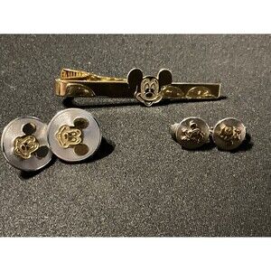 Disney Mickey Gold Tone Tie Bar & 2 Sets Of Silver, Gold Clip On Earrings